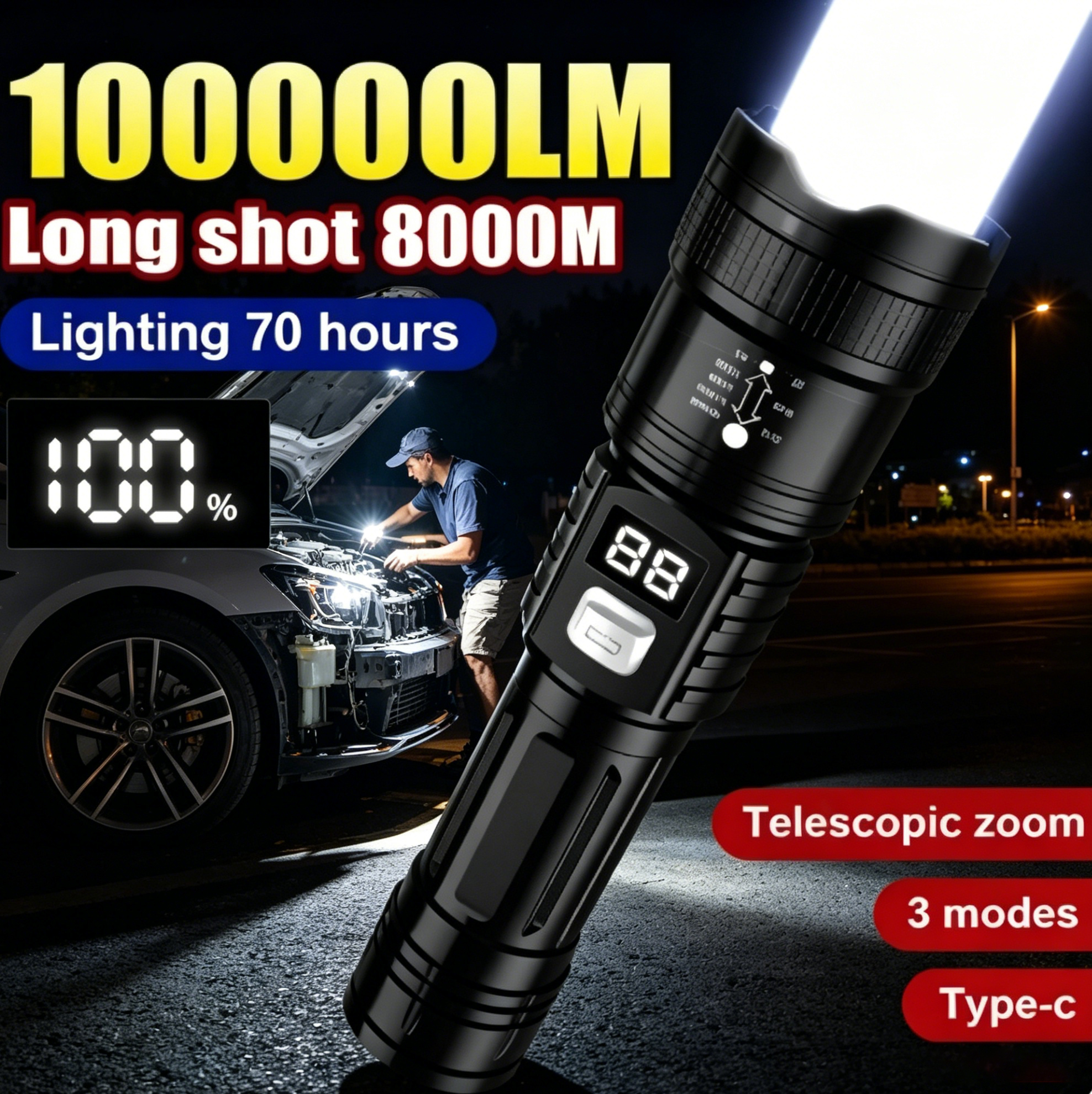 Tactical Flashlight Rechargeable - Rechargeable LED Flashlight 100000LM Super Bright